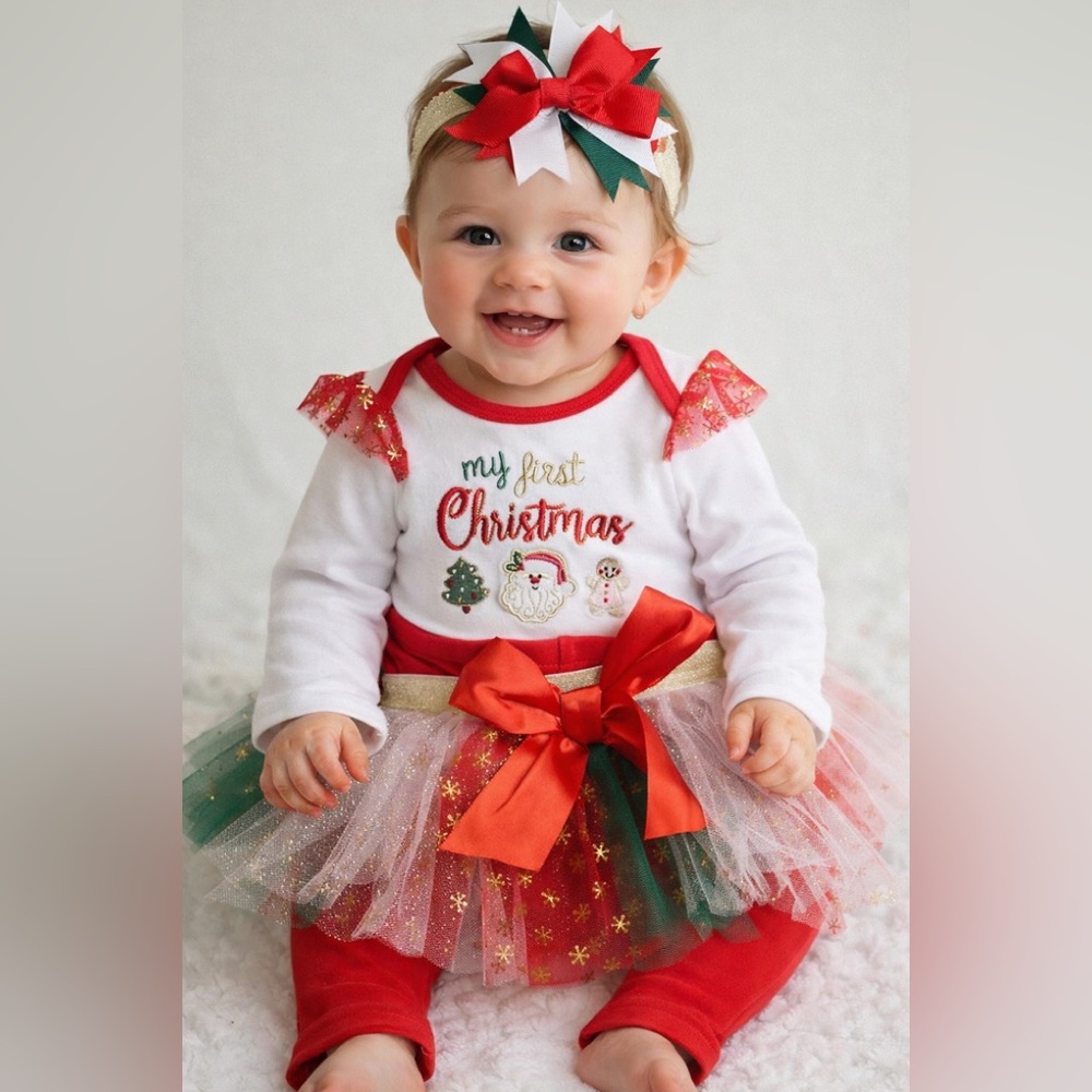 New w tags. 4 piece Baby Essentials White Red Green Christmas Tutu Outfit